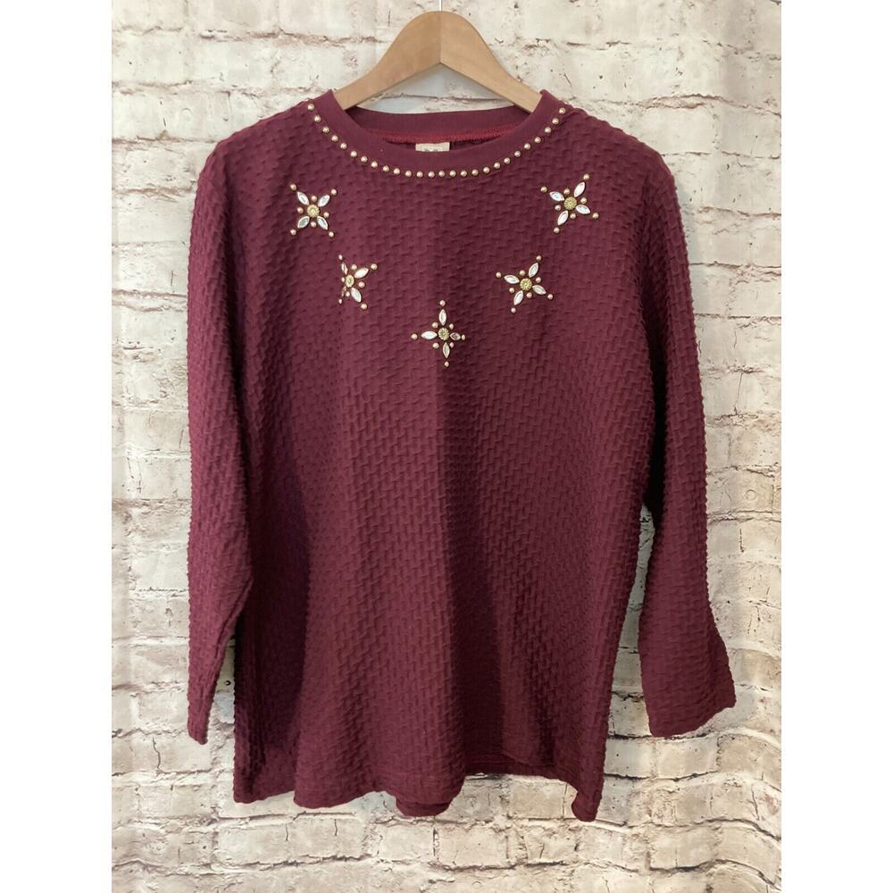 Haband Shirt Womens Large Maroon Red Textured Beaded Long Sleeve Stretch